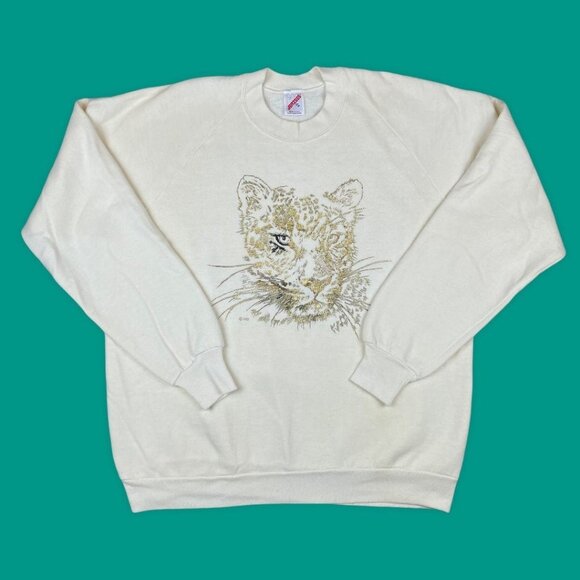Vintage Jerzees Gold Leopard Sweatshirt Crewneck Pullover Cream USA Made XL - Picture 1 of 11